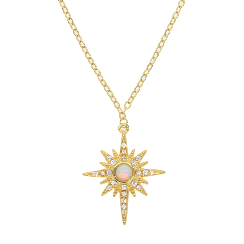 Белый огненный опал Pave clear CZ Золотая Звезда sunburst колье Подвеска очаровательное нежное женское ожерелье для девочки