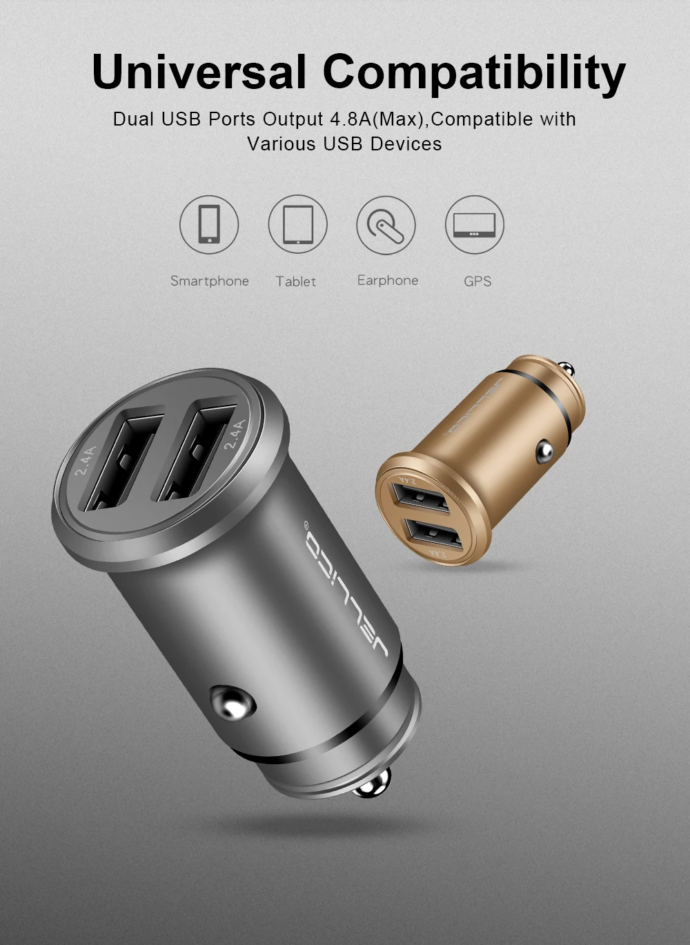 Jellico металлическое мини USB Автомобильное зарядное устройство для iPhone Xiaomi Tablet Dual USB автомобильный адаптер зарядного устройства для телефона 5 в 4.8A быстрое зарядное устройство автомобильное зарядное устройство