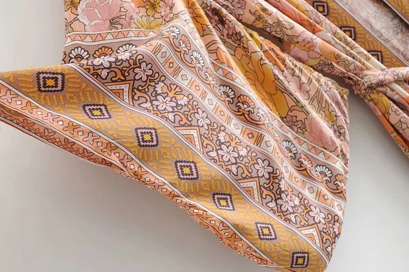2019 Bohemian Horse Flower Print Long Kimono Shirt Ethnic New Women Lacing up Bow Sashes Cardigan Loose Blouse Holiday Tops | Женская