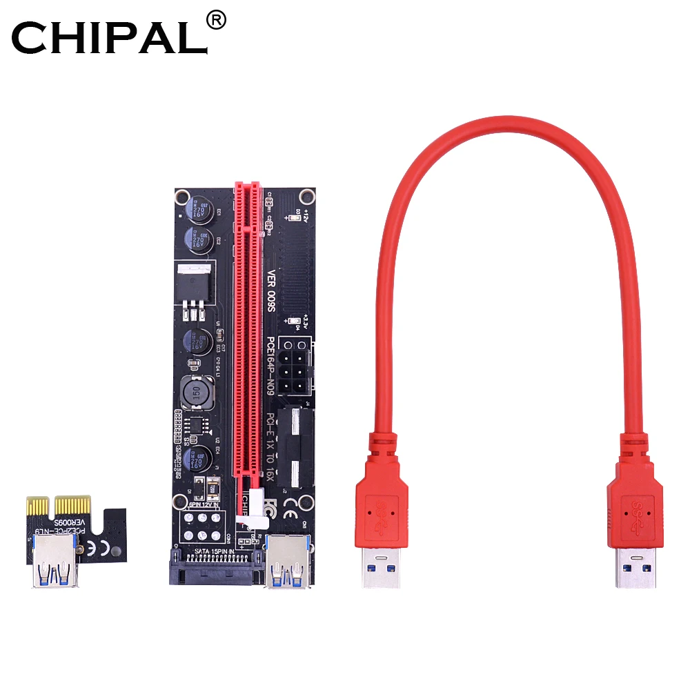 CHIPAL для BTC Биткоин Майнинг двойной светодиодный 009S PCI E Riser Card Express 1X до 16X 4Pin 6Pin SATA