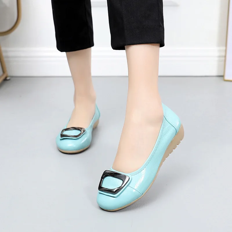 

OUKAHUI Spring Genuine Leather Shallow Ballet Flats Women Shoes 2019 Flat Low Heel Metal Buckle Summer Hollow Out Ladies Flats