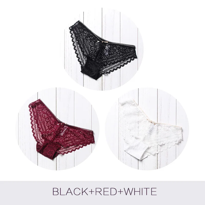 BlackRedWhite Бесшовные кружевные трусики, сексуальное женское нижнее белье, хлопковые прозрачные трусы для девушек, женские трусики бикини, хипстер DULASI, 3 шт - Цвет: BlackRedWhite