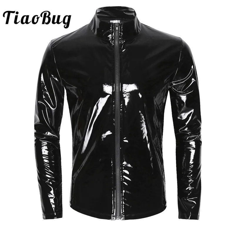 

TiaoBug Men Black Shiny Metallic Sexy Top Long Sleeve Stand Collar Wet Look Patent Leather Nightclub Party Stage Dance Shirt Top