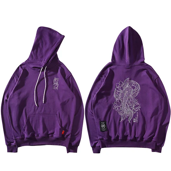 A61B0451 Purple Мужская толстовка с капюшоном в стиле хип-хоп, толстовка с вышивкой Lucky Fish Lotus, Харадзюку, уличная одежда, пуловер с капюшоном из хлопка, большие толстовки с капюшоном - Цвет: A61B0451 Purple