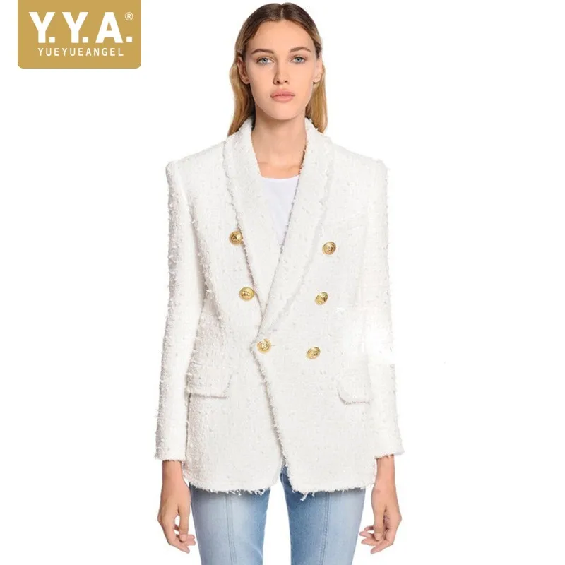 

Женское твидовое пальто, белое приталенное двубортное пальто, пиджак для офиса размера плюс