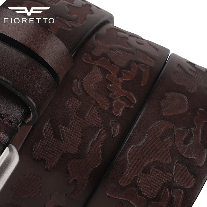 

FIORRETTO Mens Cowhide Leather Belts Pin Buckle Fashion Embossed Printing Thick Long Wide Belts for Jeans Trousers 110 115 120cm