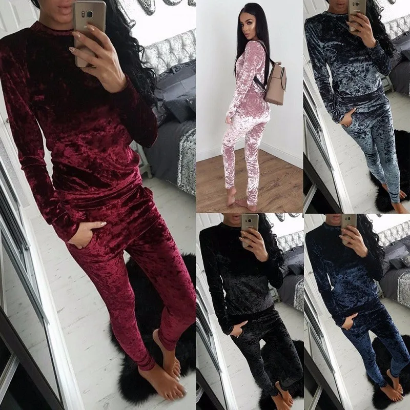 3XL 6 цветов Бархатный спортивный костюм женский комплект топ с длинными рукавами +