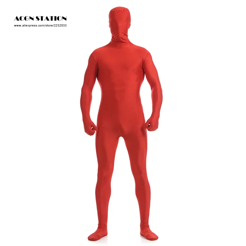 

Red Zentai Suit for Men Halloween Jumpsuit Romper Same day shipping customized for open eyes mouth can add crotch zipper