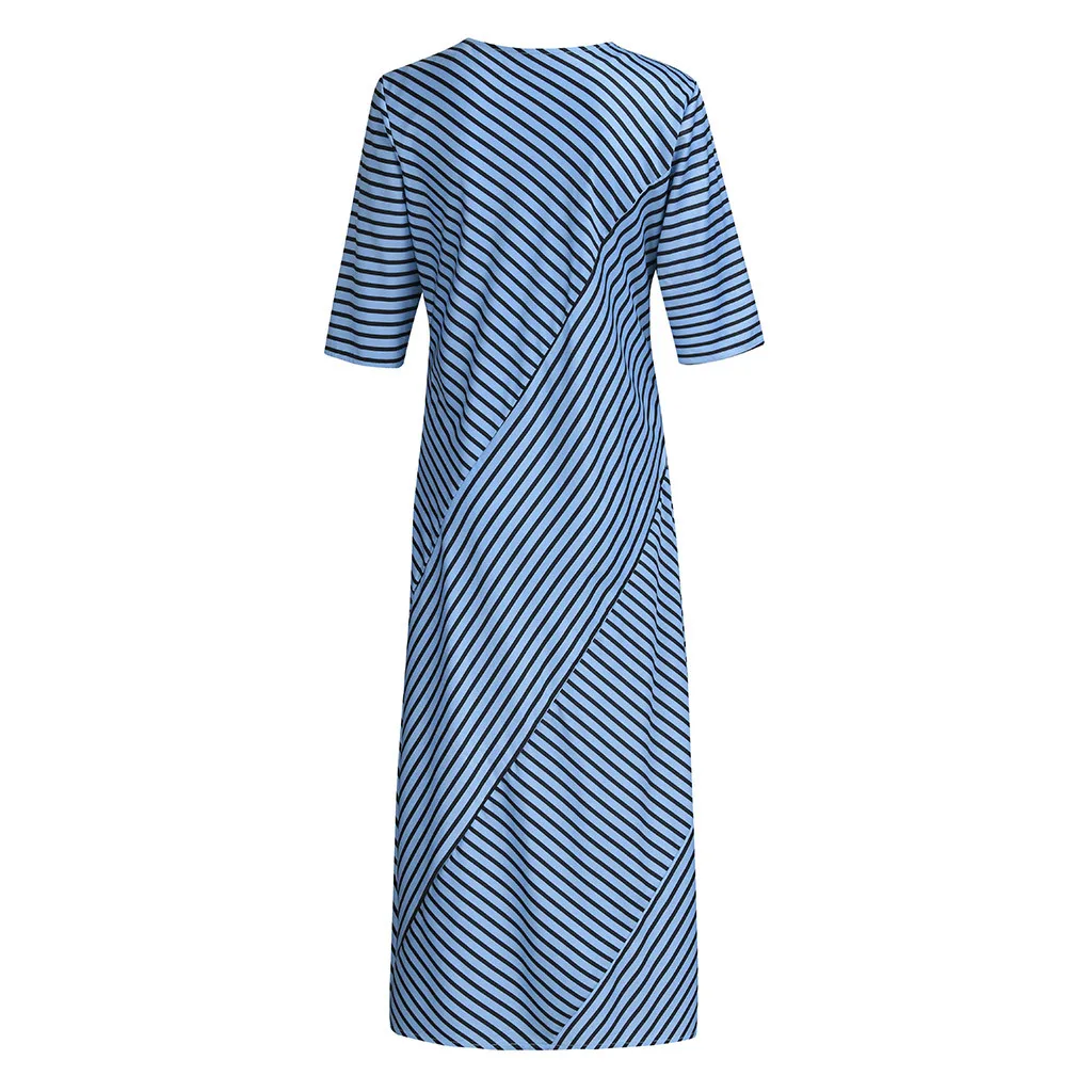 Ladies Casual Round Neck Striped Print Loose Half Sleeve Long Dress Summer Outdoor Fashion Split Large Size Maxi Plus | Женская одежда