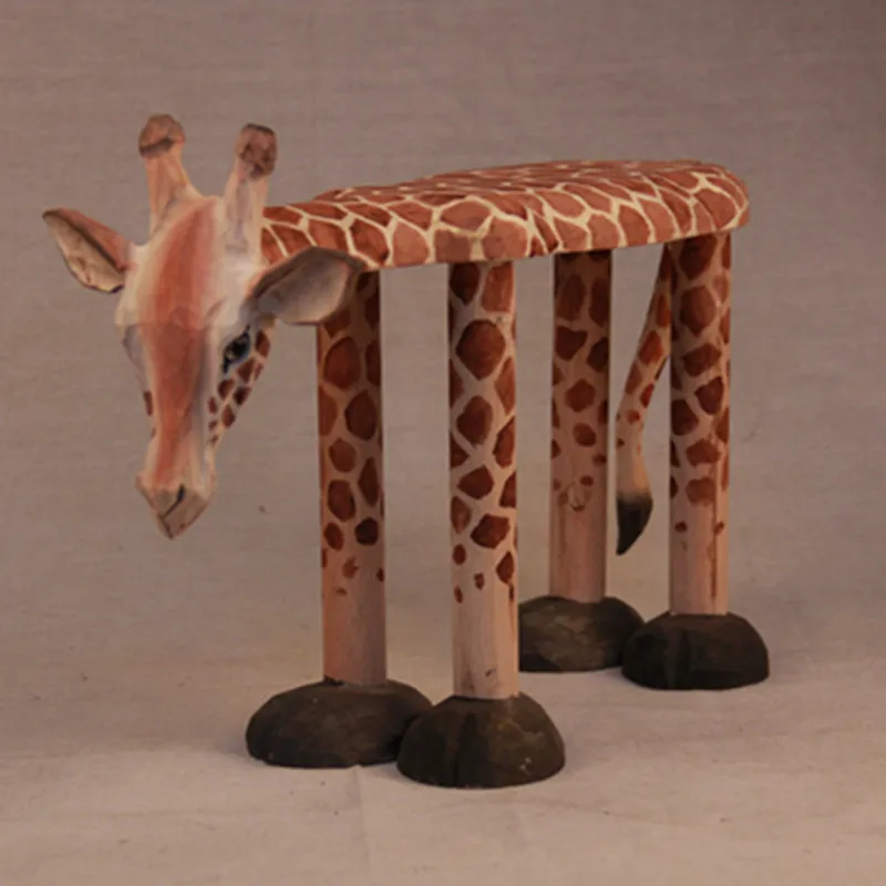 Hand-Carved Solid Wood Giraffe Shoes Stool Ornaments Seat Animal Shaped Wooden Chair for Baby Kids 1-4 Years Designer Furniture