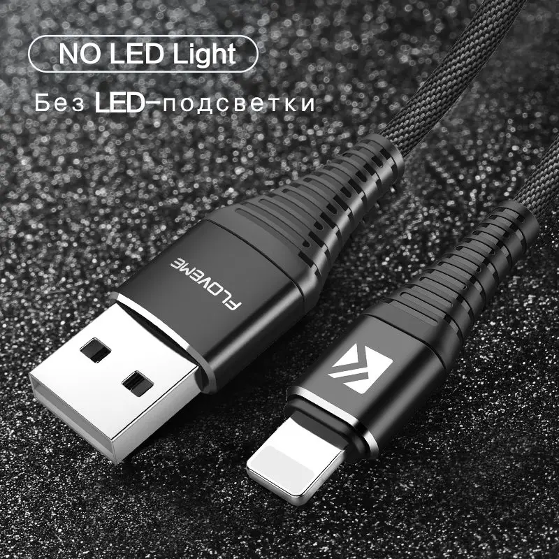 Black With No LED FLOVEME светодиодный USB кабель для молнии для iPhone X xr xs 8 7 5 5S se iPad 1 м Привет-растяжение 2A Быстрая зарядка зарядки данных Зарядное устройство кабель for iphone xs max XS XR зарядное устройство usb cable - Цвет: Black With No LED