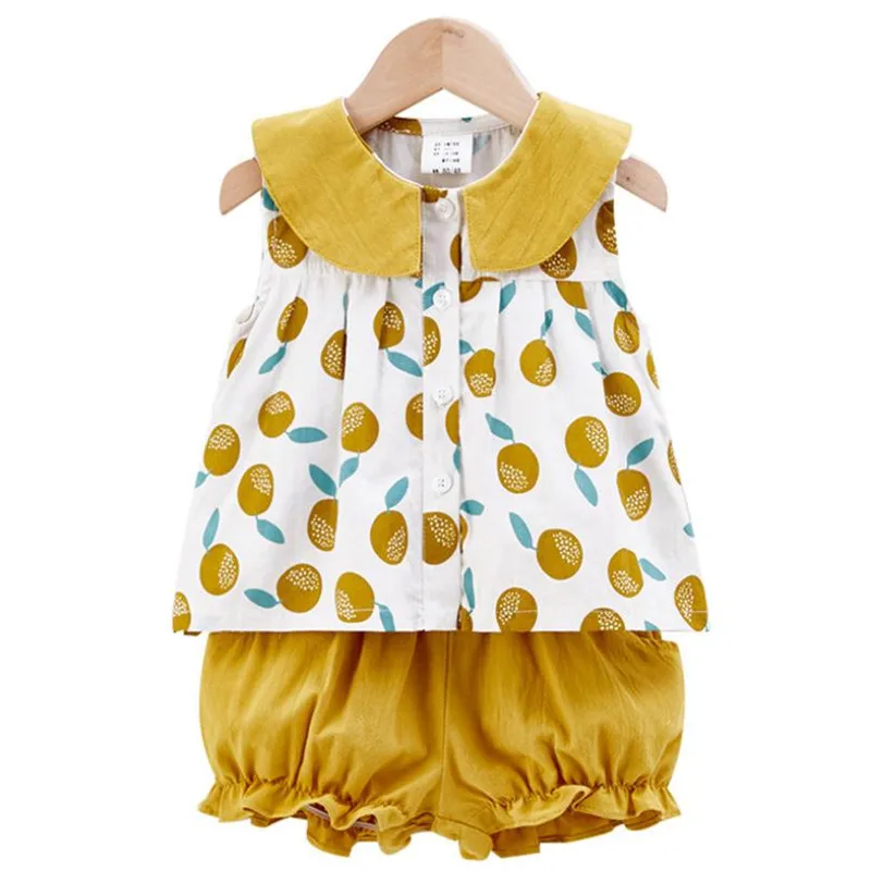 

Little Girls Clothes 2019 Summer Fashion Baby 2pc Clothing Set Sleeve Fruit Print Peter Pan Collar Shirt+Shorts Toddler Suit Set