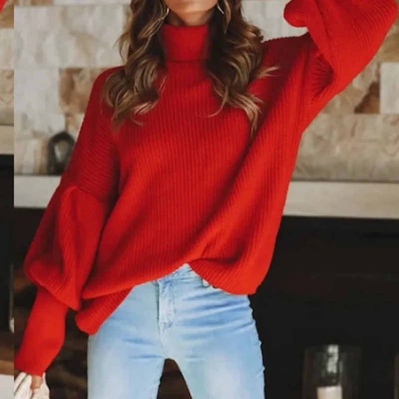 CALOFE Brand New Turtleneck Sweater Women Pullover Knitted Sweaters Female Autumn Fashion Design Lantern Sleeve Casual | Женская одежда