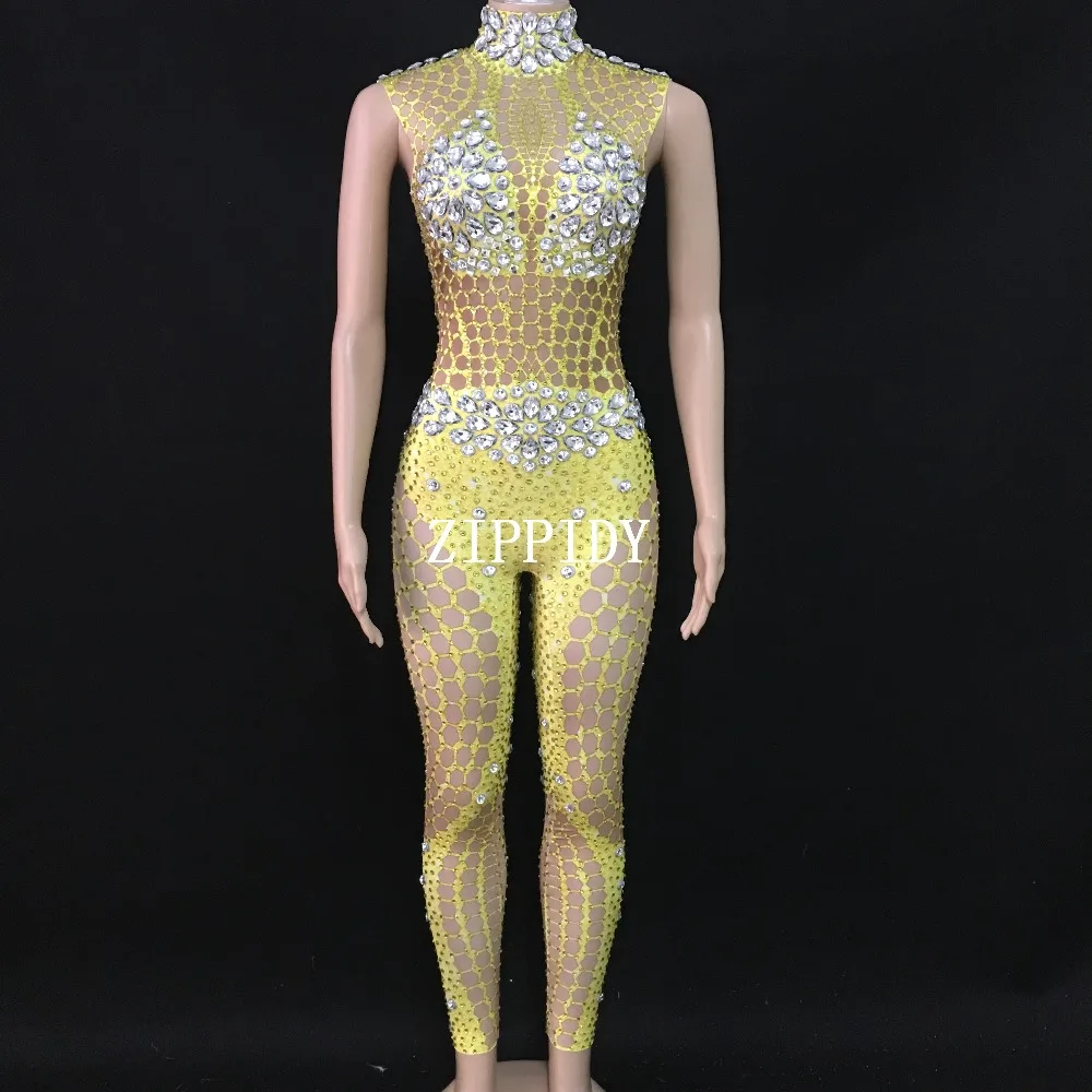 Sparkly Sexy Gold Sparkly Stones Bodysuit Women Celebrate Jumpsuit Singer Dancer Performance Fashion Stretch Leggings O