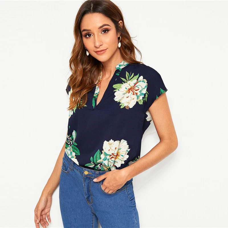 SHEIN модная женская блузка с v-образным вырезом и цветочным принтом, женская летняя Повседневная Блузка в стиле бохо с асимметричным подолом, Женские топы и блузки