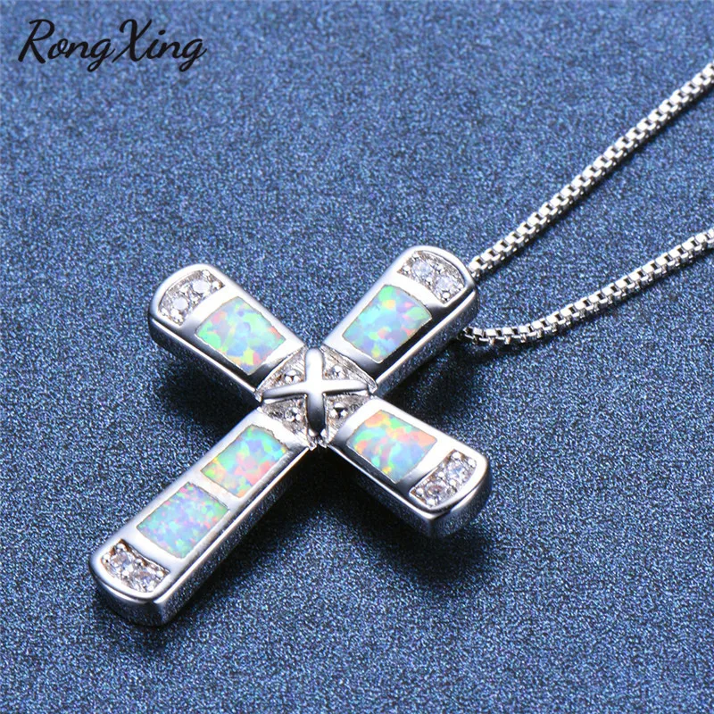 

RongXing Vintage Silver Color Lucky Cross Pendants Zirconia Fashion Jewelry Blue/White Fire Opal Necklace For Women Gifts