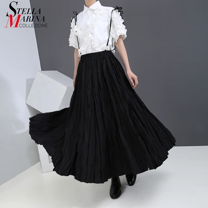 Фото 2019 корейский стиль женская летняя однотонная черная длинная юбка макси