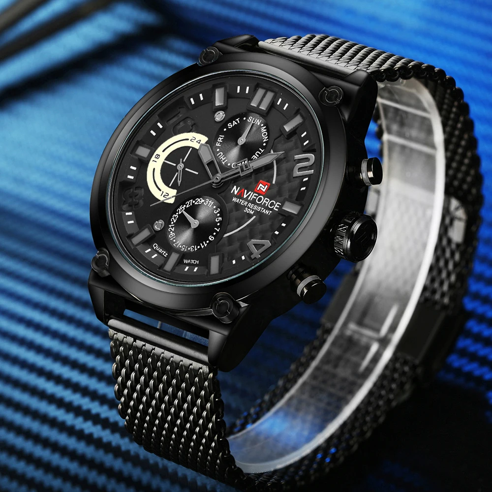 NAVIFORCE мужские часы из нержавеющей стали сетчатый ремешок шесть часов Модные