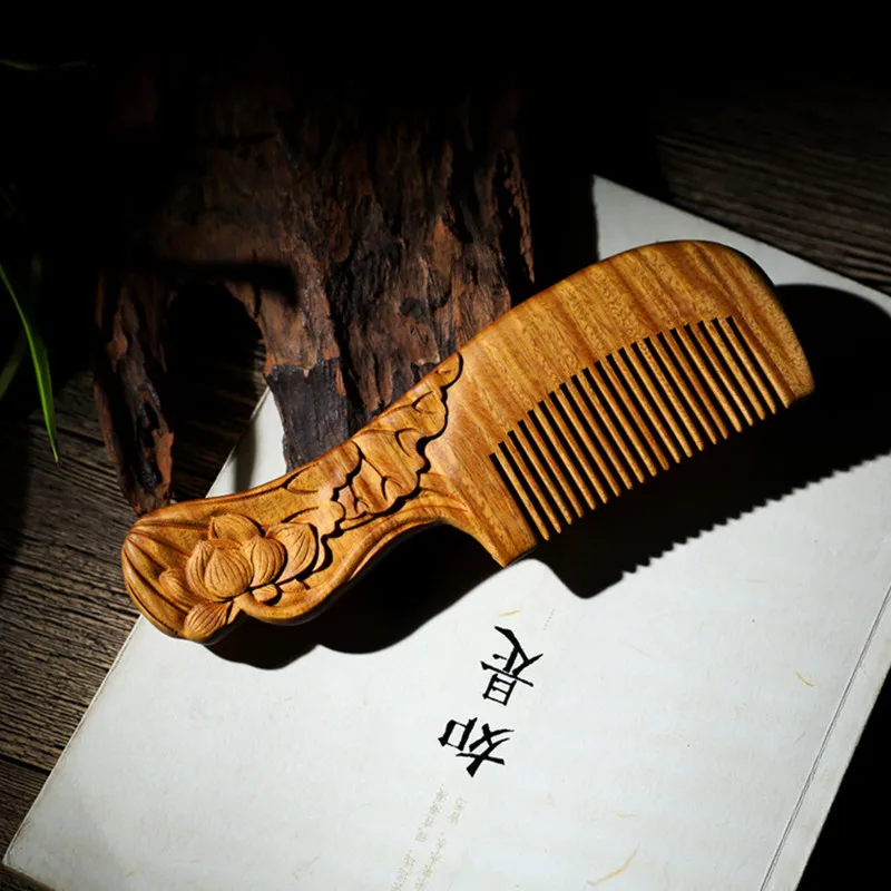 New Green Sandalwood Comb Anti-static Massage Lotus Pattern Carving Handmade Beard And Hair Styling Tools For Men Women | Мать и ребенок