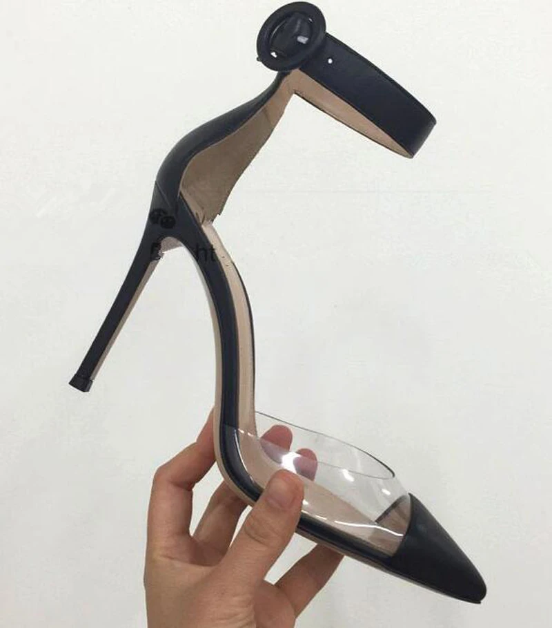 

New Fashion Women Pointed Toe Transparent Ankle Strap Pumps Sexy Patchwork Color Buckle Design High Heel Formal Dress Shoes