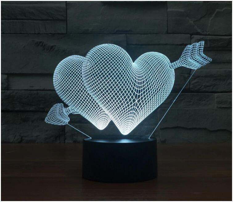 3D иллюзия LED Bulbing ночник Двойное сердце романтическое освещение атмосфера