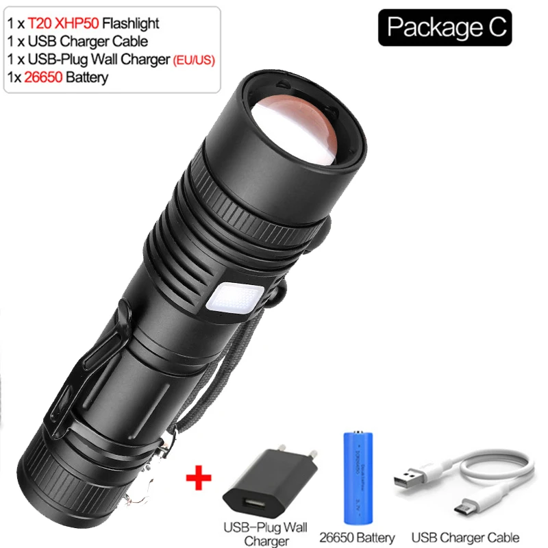Package C 6000 люмен светодиодный фонарик самый мощный xhp50 фонарик usb Zoom фонарь 18650 или 26650 батарея Лучший Отдых на природе - Испускаемый цвет: Package C