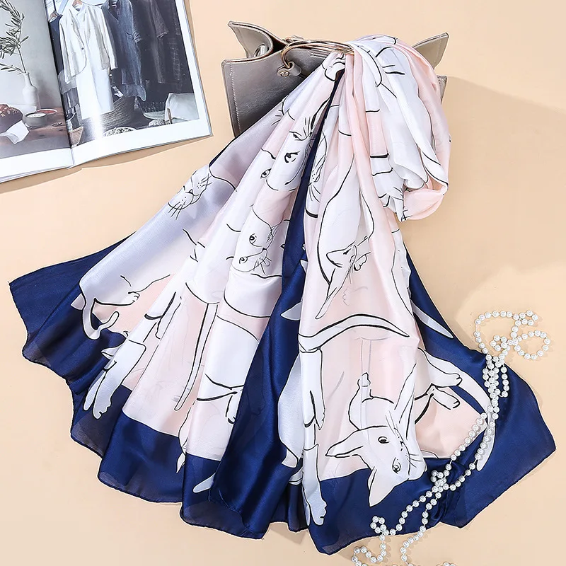 Женские длинные шелковые шарфы с милыми животными и космическими кошками модные