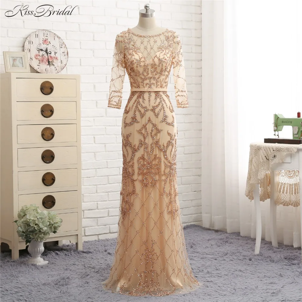 Женское вечернее платье русалка длинное из тюля расшитое бисером с рукавом 2018