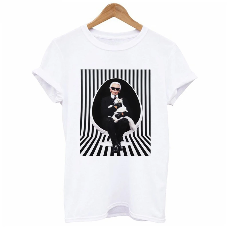 Футболка в стиле Vogue Karl Lagerfeld Женская белая модель футболка с котом Harajuku Топ