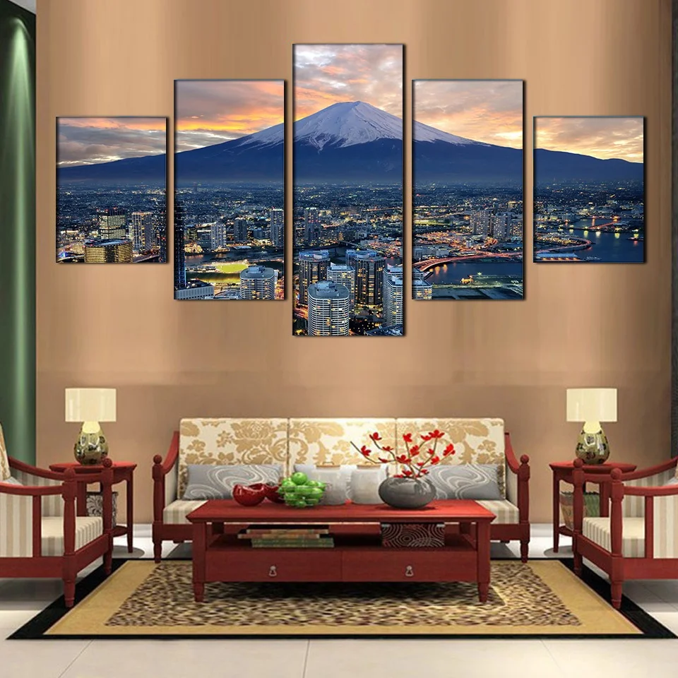 Home Decor Pictures Vintage HD Print 5 Panel City At Night Landscape Paintings On Canvas Wall Modular For Living Room | Дом и сад