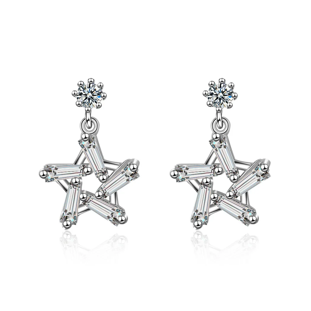 

New Luxury Earrings Charm 925 Sterling Silver AAAAA Zircon Pentagram Star Earrings For Women Gift pendientes oorbellen