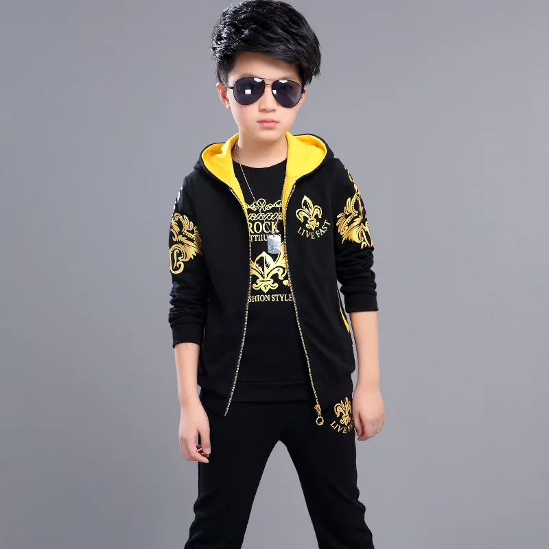 Boys 6-14 Years Sports 3 PCS Set (R Vest + Pullover Hoodies Long Pant) Fashion Soft Cotton Spring Autumn Suits Big Sets | Детская одежда