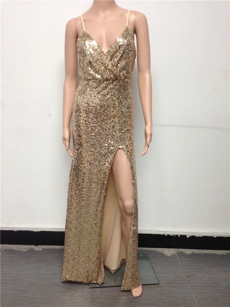 

Sexy Women Spaghetti Strap Sleeveless Deep V Neck Shiny Sequins Party Evening Full Length Slim Fit Split Long Dress Vestidos