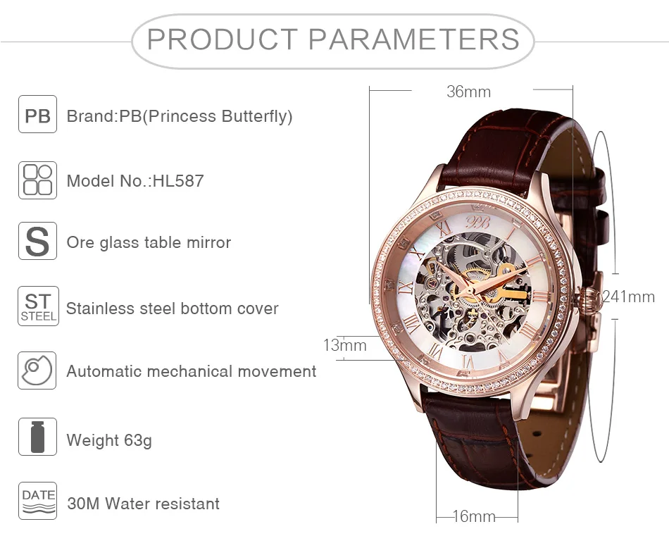 Princess Butterfly Watch автоматические часы женские наручные с римскими цифрами и бабочками, Кварцевые водонепроницаемые механические с кожаным циферблатом