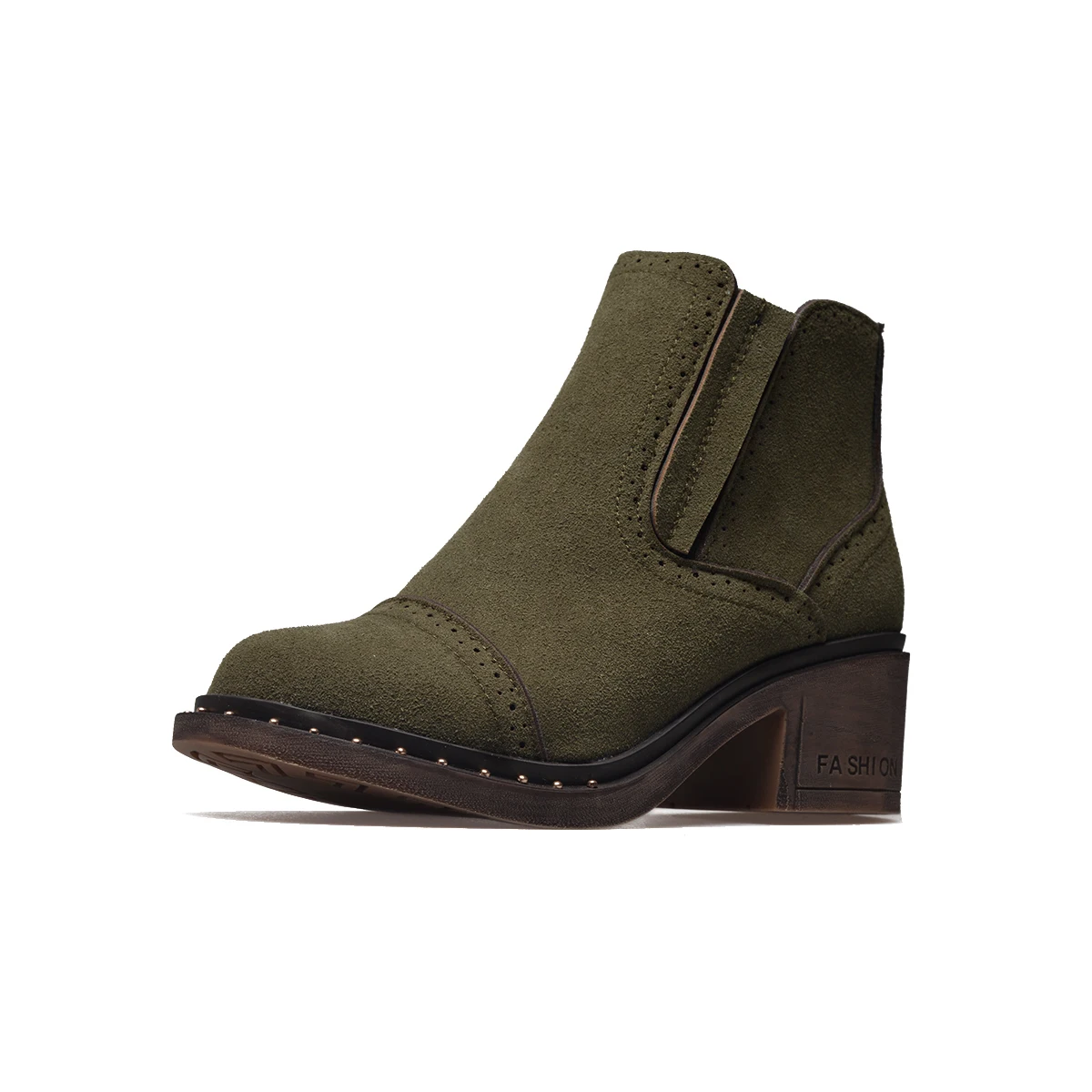 Blackish green QUTAA/ г. Зимние Теплые ботильоны на меху с заклепками женская обувь из коровьей замши с круглым носком Модные полусапожки на молнии на толстом каблуке размеры 34-43 - Цвет: Blackish green