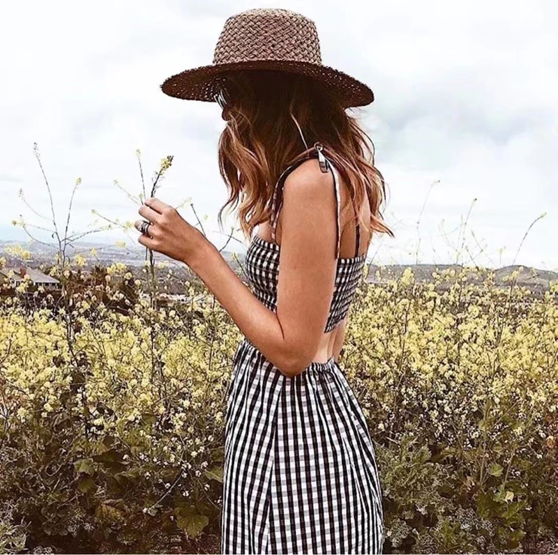 Boho женское платье, серые летние платья в клетку, винтажные, на бретелях, без рукавов, без пояса, элегантные, вечерние, милые, пасторальный стиль, длинное платье