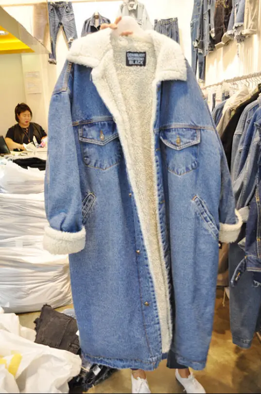 Ретро Женская флис толстый длинный джинсы пальто зима большой лацкан Подкладка