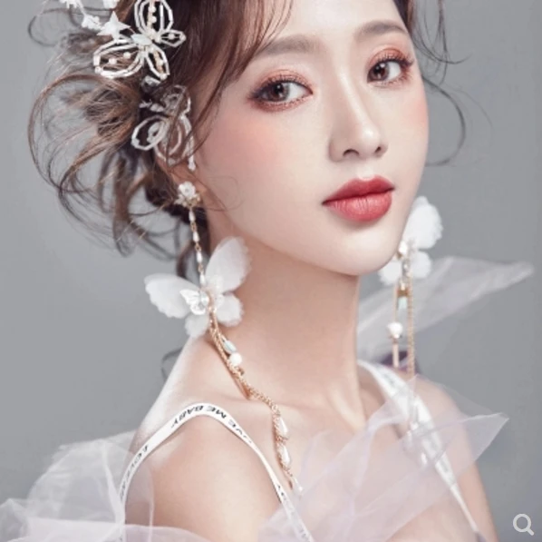 Super fairy butterfly female lo ng tassel earrings bride wedding dress rhinestones without pierced ear clips | Украшения и