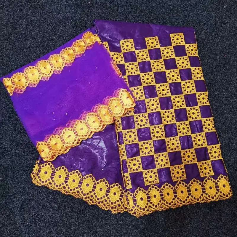 5 ярдов + 2 Индия Базен Riche Getzner кружевная ткань 2018 с блузкой бисером золотая линия