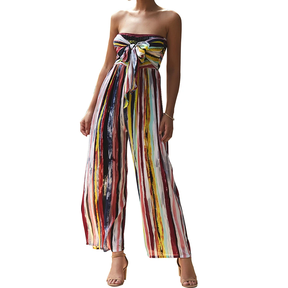 2019 Sexy Women's Multicolor Striped Off Shoulder Long Pants Jumpsuit Summer Printed Club Party Strapless Bow Bandage Rompers | Женская