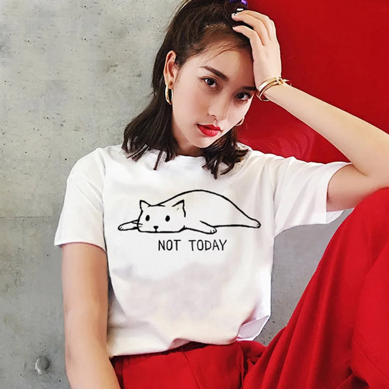 Женская футболка с рисунком кота NOT TODAY хлопковая Футболка буквенным принтом и