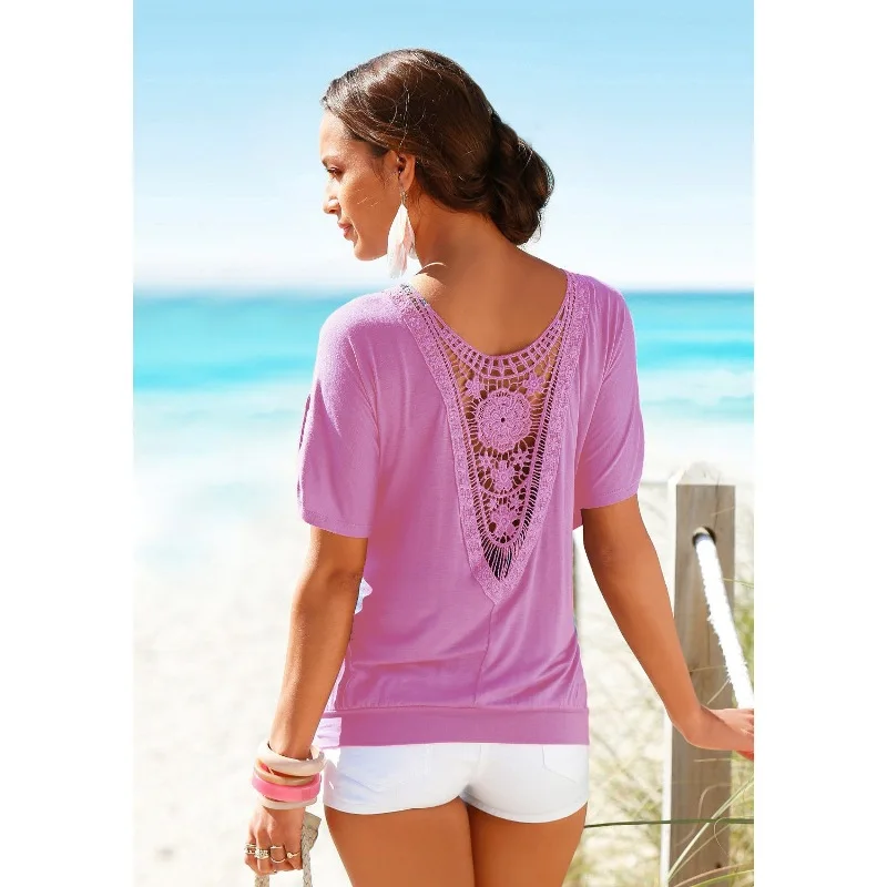 Женская Винтажная футболка с кружевом летняя повседневная черная 0 образным