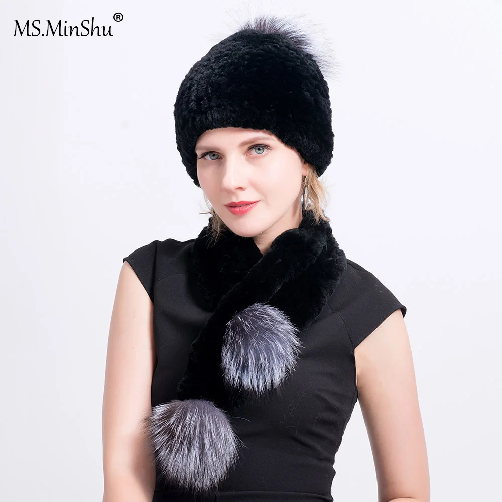 

MS.MinShu Real Rex Rabbit Fur Scarf with Silver Fox Pompoms Knit Fur Scarf With Fox Fur Balls Winter Hat & Scarf