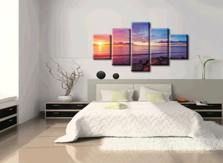5 Панель Современный абстрактный закат пляж Wall Art Печать на холсте океан волны