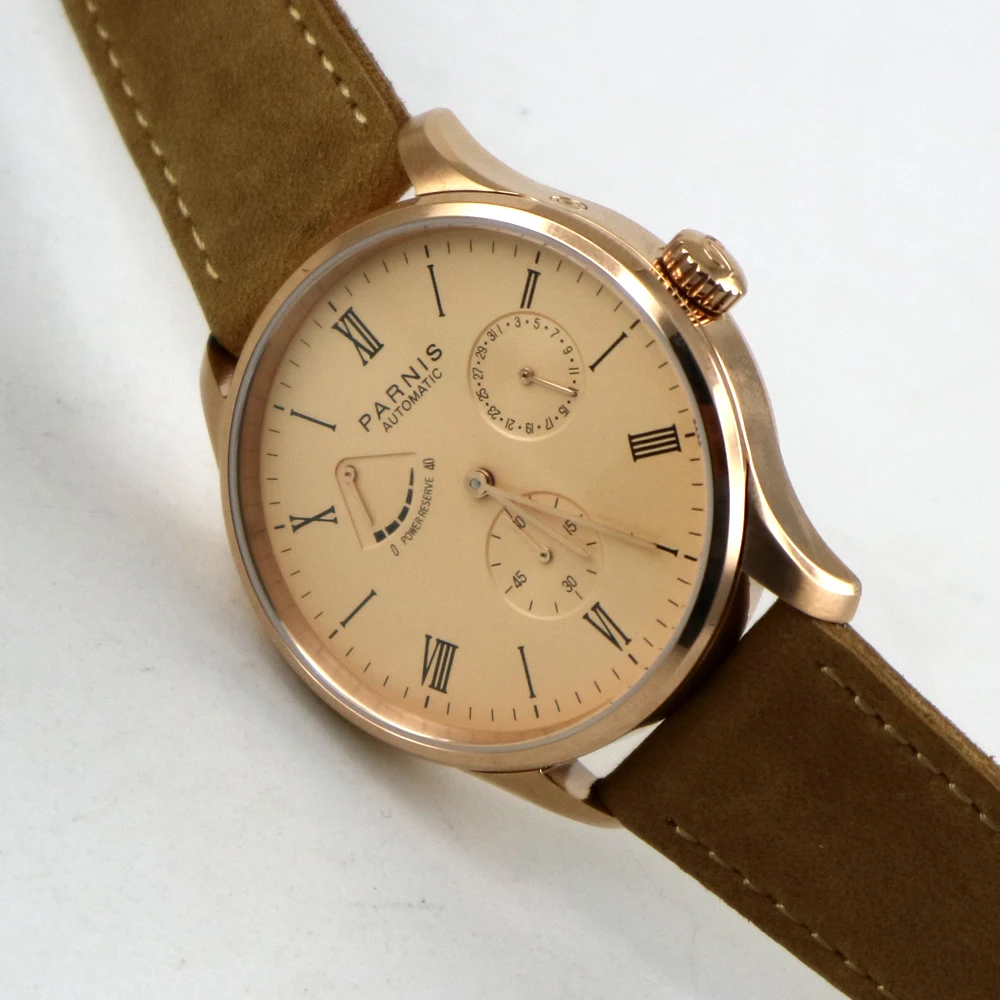 

42mm parnis rose golden dial power reserve ST 1780 date automatic mens watch