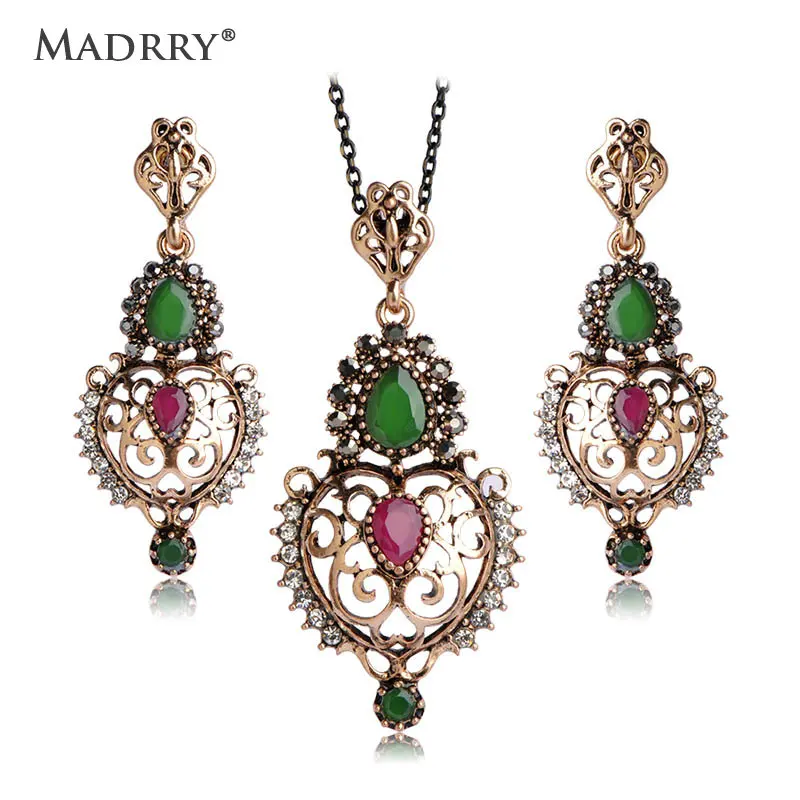Hot Selling Turkish Vintage Jewelry Sets Heart Love Necklace &amp Earrings серьги Resin Crystal Colares Bijuterias Gift for Bijoux uk |