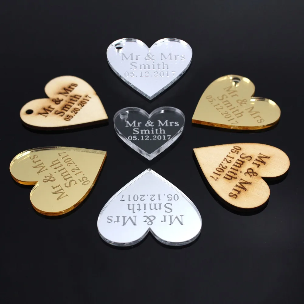 

100x Personalized Laser Engraved Love Hearts Centerpieces Gold / Silver Mirror / Wood Tags Wedding Party Table Decoration Favors
