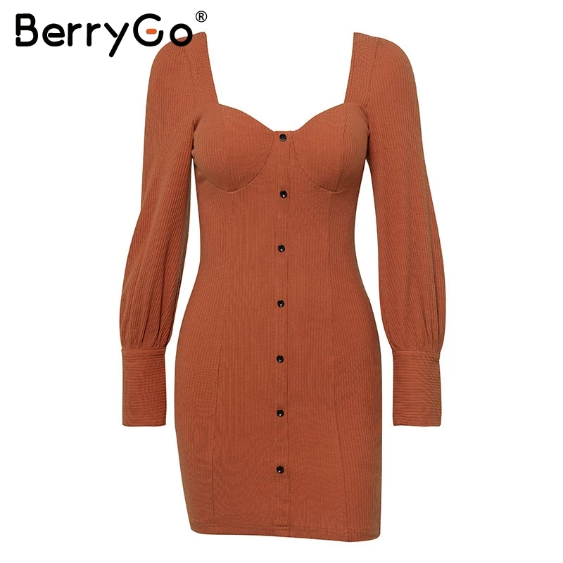 BerryGo Винтаж Кнопка bodycon Женщины платье с длинным рукавом Сексуальная молния