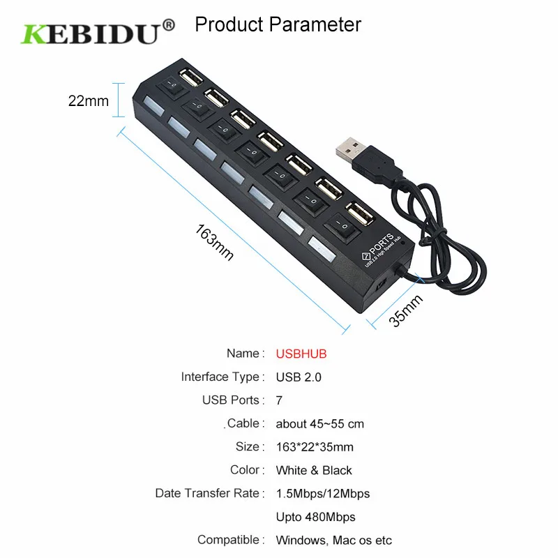 Разветвитель KEBIDU USB на 7 портов 480 Мбит/с 2 0|USB-адаптеры| |