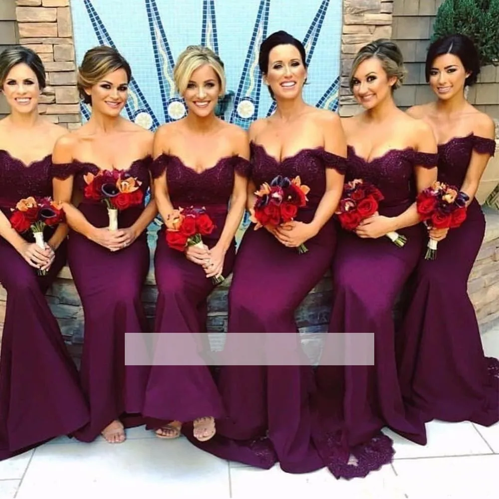 

Purple Cheap Bridesmaid Dresses Under 50 Mermaid V-neck Lace Beaded Long Wedding Party Dresses For Women